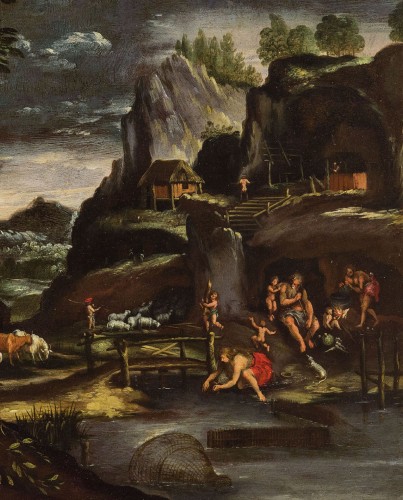 Tableaux et dessins Tableaux XVIIe siècle - Giovanni Francesco Grimaldi (1606 - 1680) -  Paysage animé avec Adam et Eve